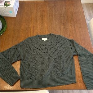 Lucky Brand Olive Green Openwork Cable-Knit Crewneck Sweater